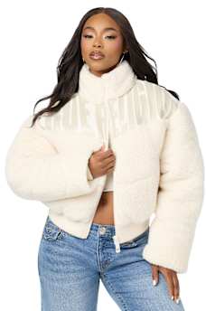 FAUX LEATHER YOKE SHERPA PUFFER JACKET
