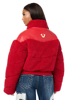 FAUX LEATHER YOKE SHERPA PUFFER JACKET