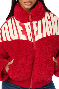 FAUX LEATHER YOKE SHERPA PUFFER JACKET