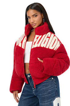 FAUX LEATHER YOKE SHERPA PUFFER JACKET