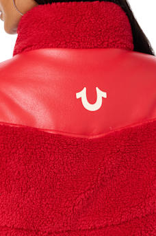 FAUX LEATHER YOKE SHERPA PUFFER JACKET