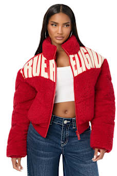 FAUX LEATHER YOKE SHERPA PUFFER JACKET