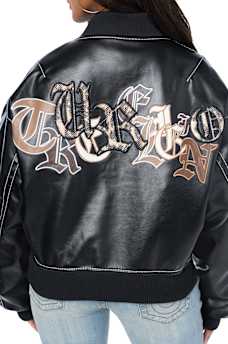 BIG T APPLIQU&Eacute; TRUCKER RELAXED BOMBER JACKET