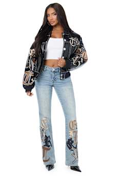 BIG T APPLIQU&Eacute; TRUCKER RELAXED BOMBER JACKET