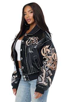 BIG T APPLIQU&Eacute; TRUCKER RELAXED BOMBER JACKET