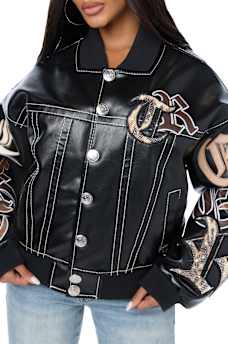 BIG T APPLIQU&Eacute; TRUCKER RELAXED BOMBER JACKET