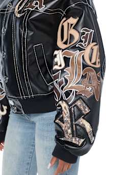 BIG T APPLIQU&Eacute; TRUCKER RELAXED BOMBER JACKET