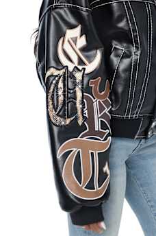 BIG T APPLIQU&Eacute; TRUCKER RELAXED BOMBER JACKET