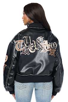 BIG T APPLIQU&Eacute; TRUCKER RELAXED BOMBER JACKET