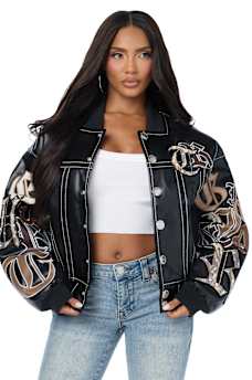 BIG T APPLIQU&Eacute; TRUCKER RELAXED BOMBER JACKET