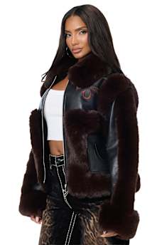 EMBROIDERED HORSESHOE FAUX LEATHER FUR JACKET