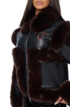 EMBROIDERED HORSESHOE FAUX LEATHER FUR JACKET