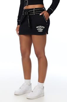BIG T EMBROIDERED MID RISE FLEECE MINI SKIRT