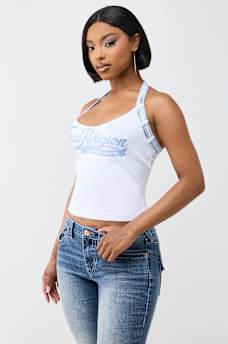 CRYSTAL STRAPPY HALTER TANK TOP