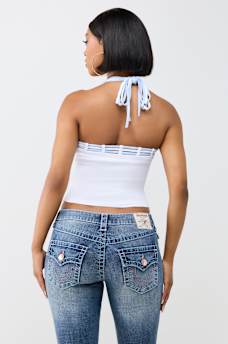 CRYSTAL STRAPPY HALTER TANK TOP