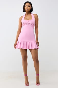 LOGO PLEATED MINI DRESS
