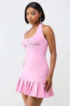 LOGO PLEATED MINI DRESS