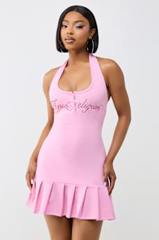 LOGO PLEATED MINI DRESS