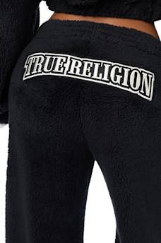 EMBROIDERED SHERPA MID RISE STRAIGHT LEG SWEATPANT