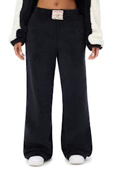 EMBROIDERED SHERPA MID RISE STRAIGHT LEG SWEATPANT