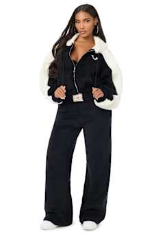 EMBROIDERED SHERPA MID RISE STRAIGHT LEG SWEATPANT
