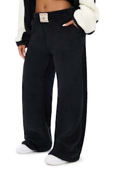 EMBROIDERED SHERPA MID RISE STRAIGHT LEG SWEATPANT