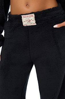 EMBROIDERED SHERPA MID RISE STRAIGHT LEG SWEATPANT