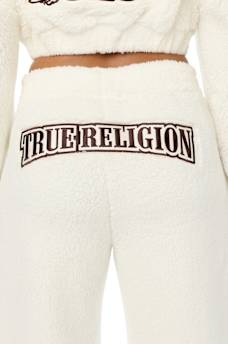 EMBROIDERED SHERPA MID RISE STRAIGHT LEG SWEATPANT