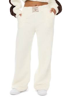 EMBROIDERED SHERPA MID RISE STRAIGHT LEG SWEATPANT