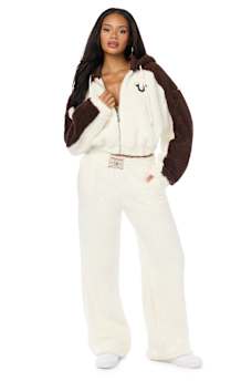 EMBROIDERED SHERPA MID RISE STRAIGHT LEG SWEATPANT