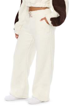 EMBROIDERED SHERPA MID RISE STRAIGHT LEG SWEATPANT