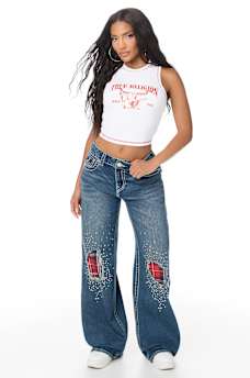 BOBBI MID RISE CRYSTAL PLAID BIG T FLAP BAGGY JEAN