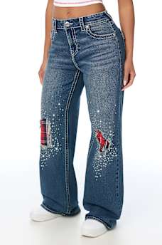 BOBBI MID RISE CRYSTAL PLAID BIG T FLAP BAGGY JEAN