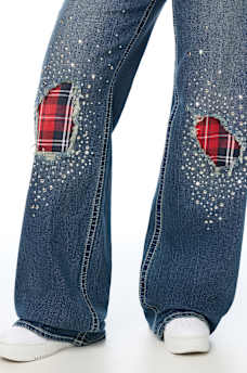 BOBBI MID RISE CRYSTAL PLAID BIG T FLAP BAGGY JEAN