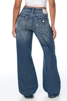 BOBBI MID RISE CRYSTAL PLAID BIG T FLAP BAGGY JEAN