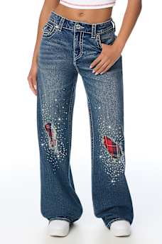 BOBBI MID RISE CRYSTAL PLAID BIG T FLAP BAGGY JEAN