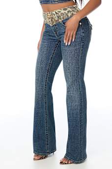 BECCA MID RISE LEOPARD BLOCK FLAP BOOTCUT JEAN