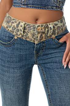 BECCA MID RISE LEOPARD BLOCK FLAP BOOTCUT JEAN