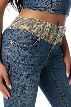 BECCA MID RISE LEOPARD BLOCK FLAP BOOTCUT JEAN