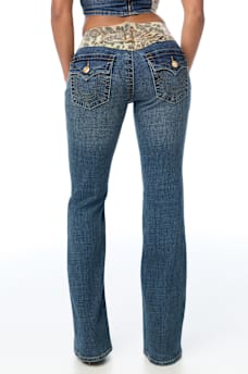 BECCA MID RISE LEOPARD BLOCK FLAP BOOTCUT JEAN
