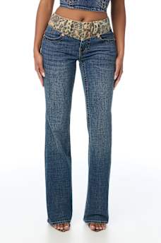 BECCA MID RISE LEOPARD BLOCK FLAP BOOTCUT JEAN