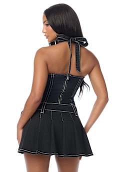 LOW PLUNGE PLEATED DENIM DRESS