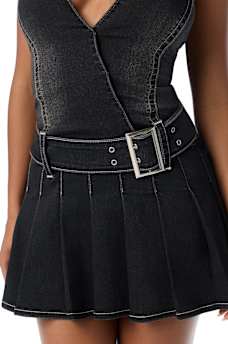 LOW PLUNGE PLEATED DENIM DRESS