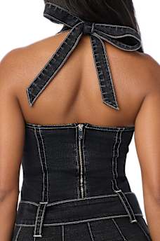LOW PLUNGE PLEATED DENIM DRESS