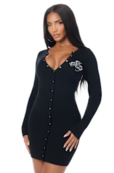 EMBROIDERED BUTTON-DOWN SWEATER MINI DRESS