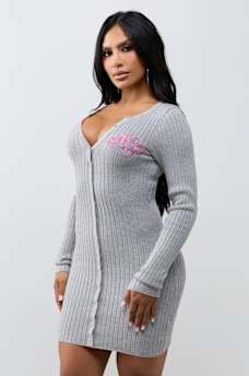 EMBROIDERED BUTTON-DOWN SWEATER MINI DRESS