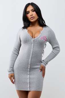 EMBROIDERED BUTTON-DOWN SWEATER MINI DRESS