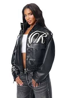 EMBROIDERED FAUX LEATHER JACKET