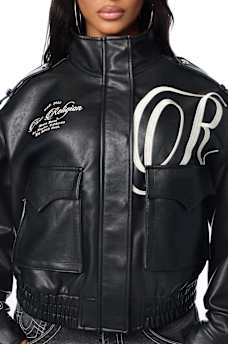EMBROIDERED FAUX LEATHER JACKET