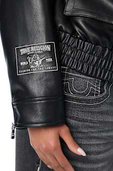 EMBROIDERED FAUX LEATHER JACKET